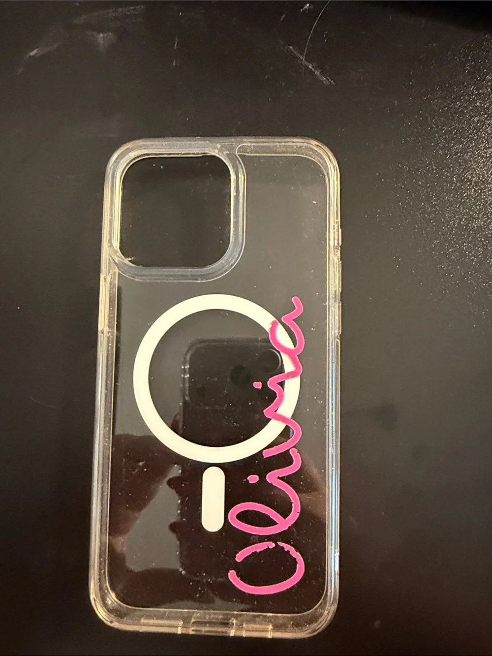 Love Island Clear Phone Case with White MagSafe Ring and Pink Script Name